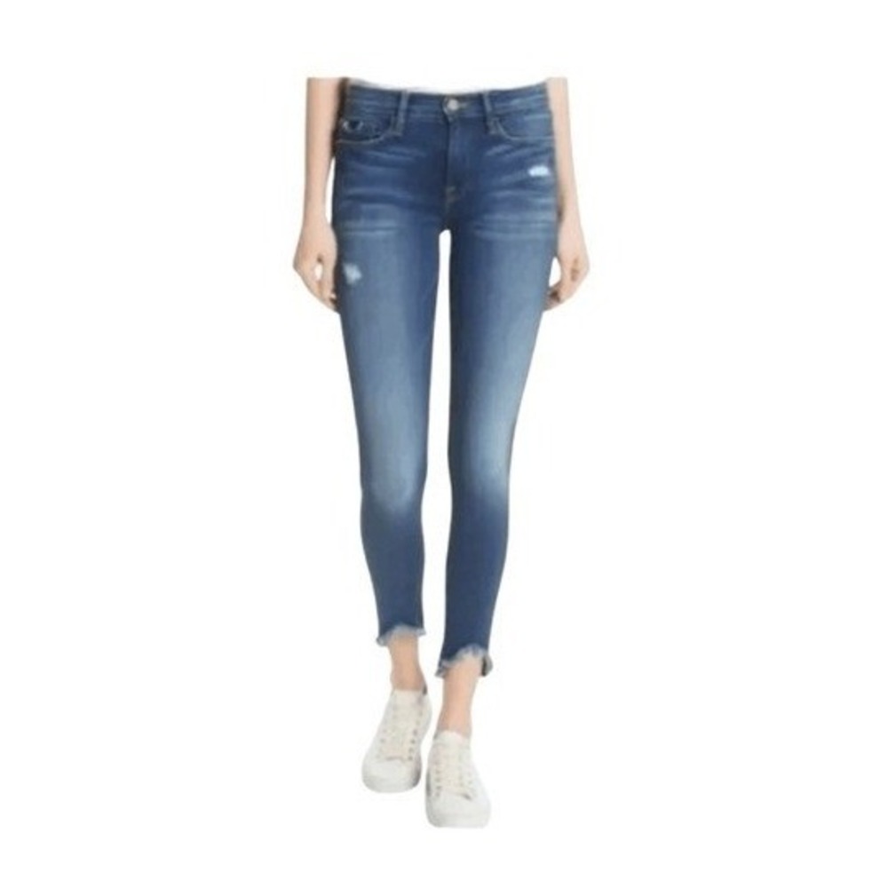 Frame Le Skinny de Jeanne Triangle Hem Jeans Blue Medium Wash Distressed Denim 2